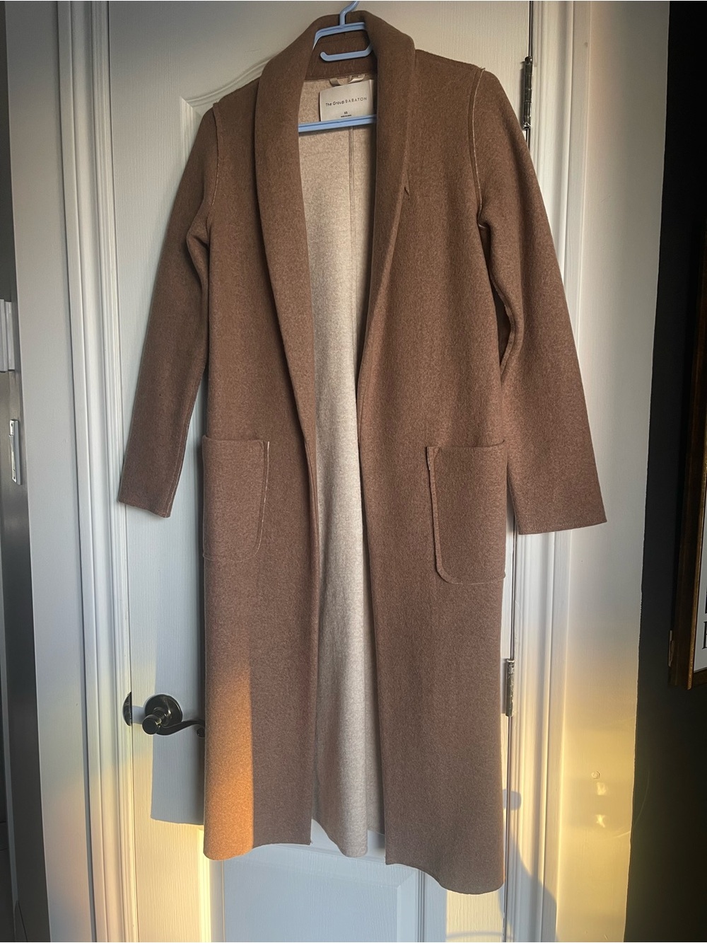 Aritzia Long Open-Front Trench Coat in Camel